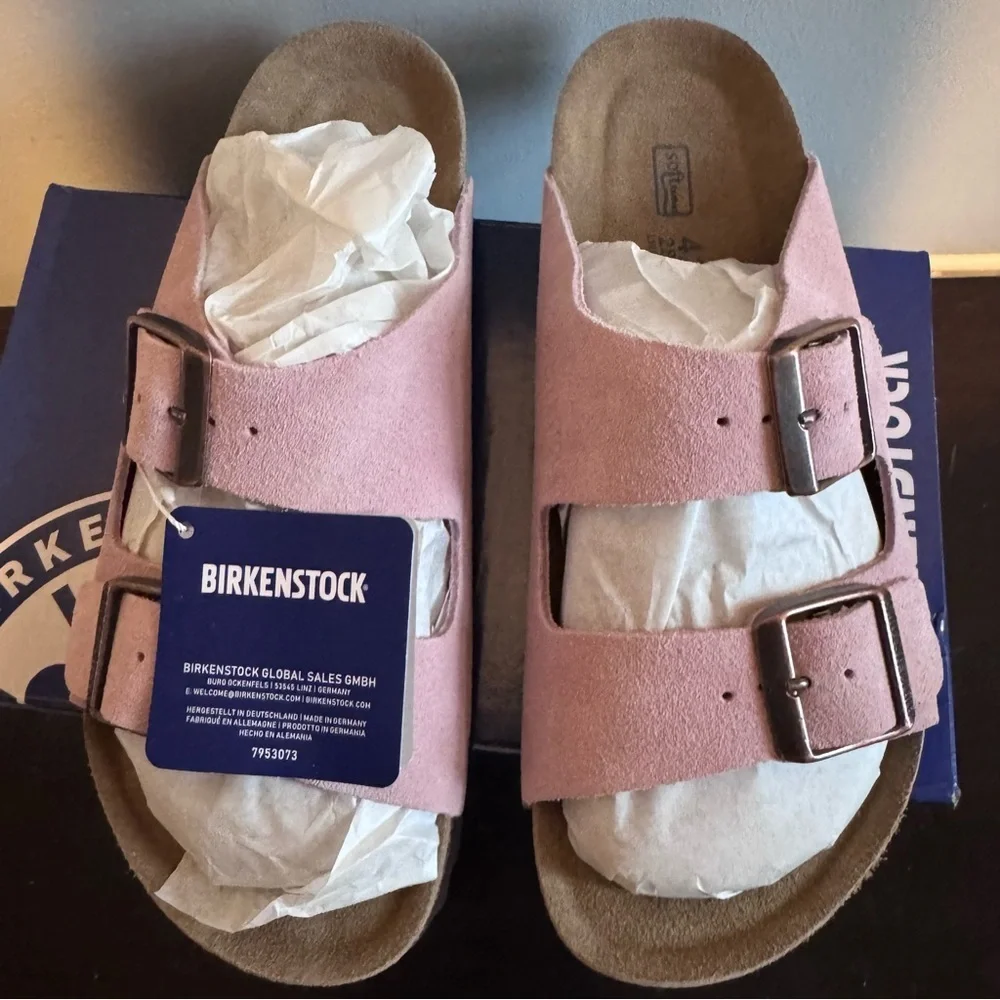 Birkenstock Arizona Leather/Suede Slide Sandals in Candy Pink